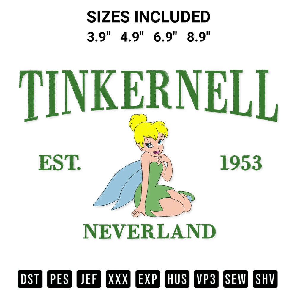Get the Tinker Bell Neverland Est 1953 Embroidery Design embroidery design for your custom crafts! Premium digitized files available for instant download at Designspacks.com. Available sizes: 3.9", 4.9", 6.9", 8.9".