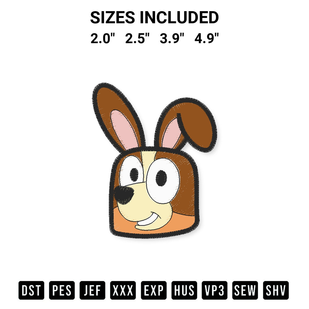 Shop the Bunny Bingo Heeler Face Embroidery Design machine embroidery pattern at Designspacks.com. Beautifully digitized for flawless stitching on any fabric. Available sizes: 2.0", 2.5", 3.9", 4.9".