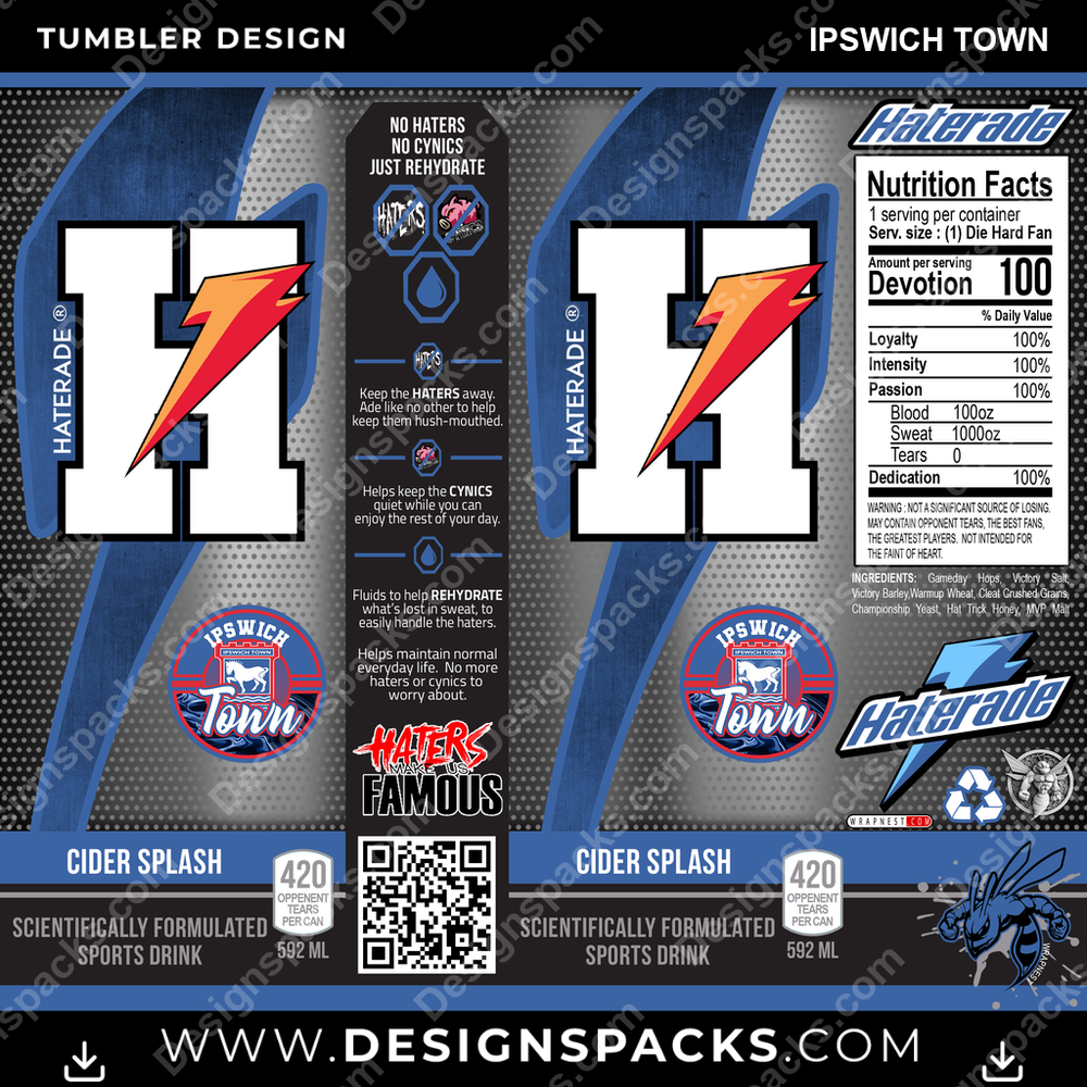 Soccer UK Haterade Ipswich Town Tumbler Digital Wrap Design