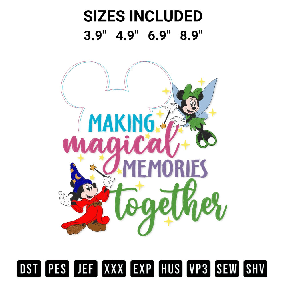 Transform your fabrics with the Making Magical Memories Together Embroidery Design embroidery design. Instant access to premium digitized patterns at Designspacks.com. Available sizes: 3.9", 4.9", 6.9", 8.9".