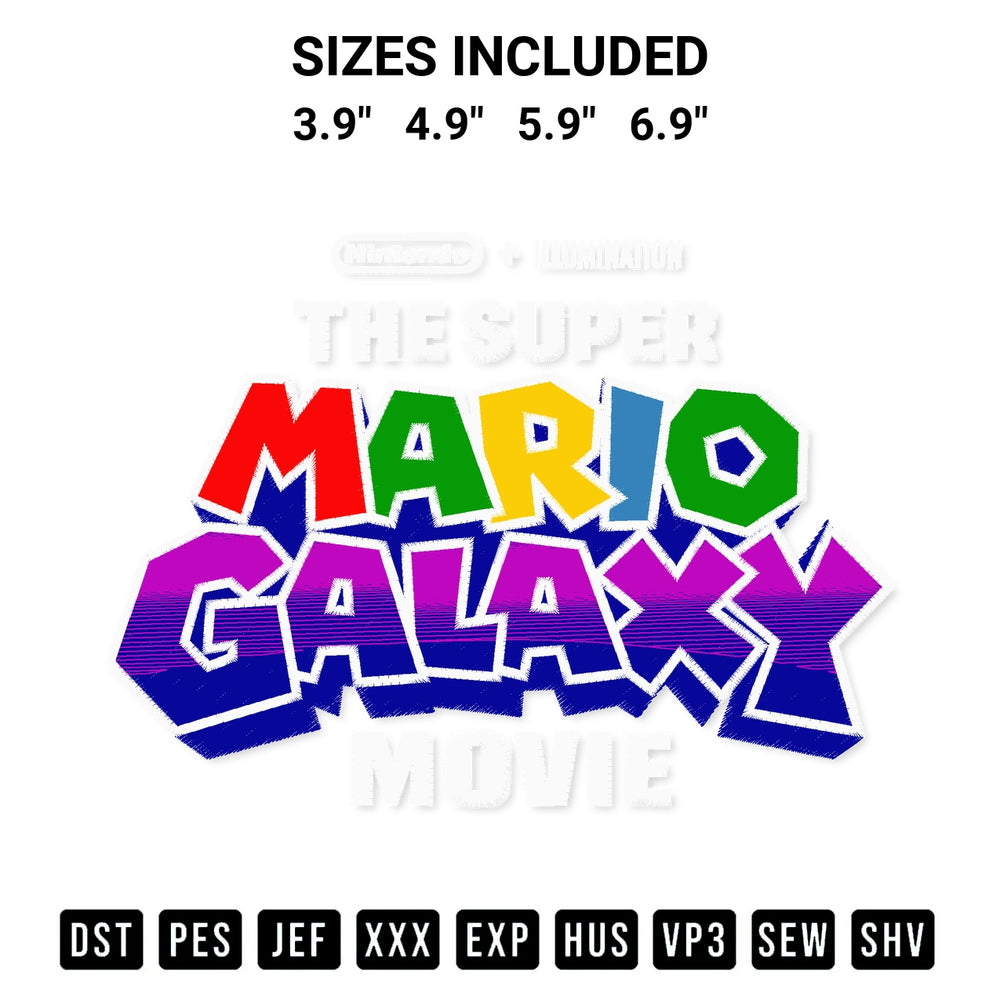 Stitch like a pro with the The Super Mario Galaxy Movie Logo Embroidery Design embroidery pattern from Designspacks.com. High-quality digital machine embroidery file. Available sizes: 3.9", 4.9", 5.9", 6.9".