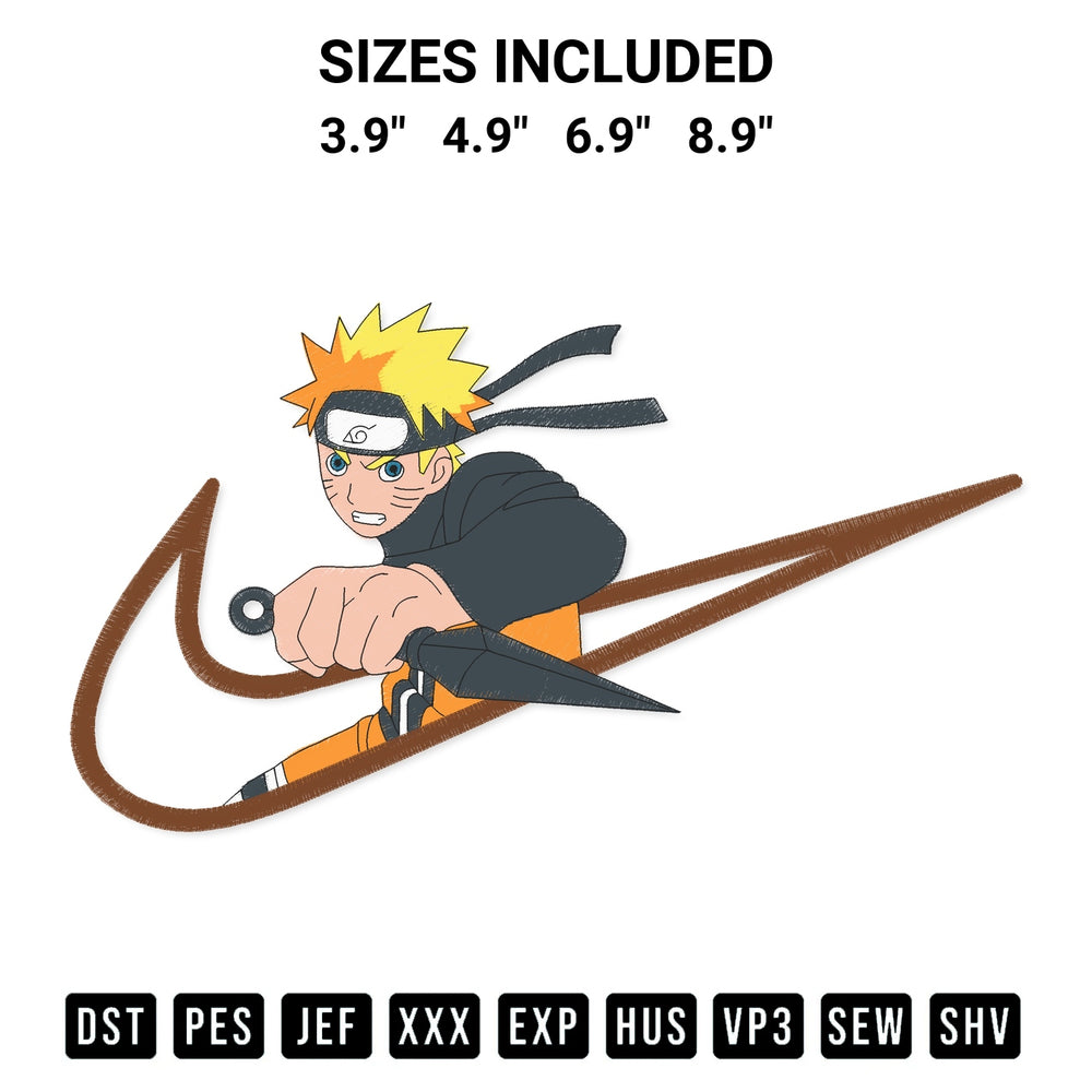 Discover the perfect addition to your crafting collection: Nike Naruto Embroidery Design embroidery file. Instantly available at Designspacks.com. Available sizes: 3.9", 4.9", 6.9", 8.9".