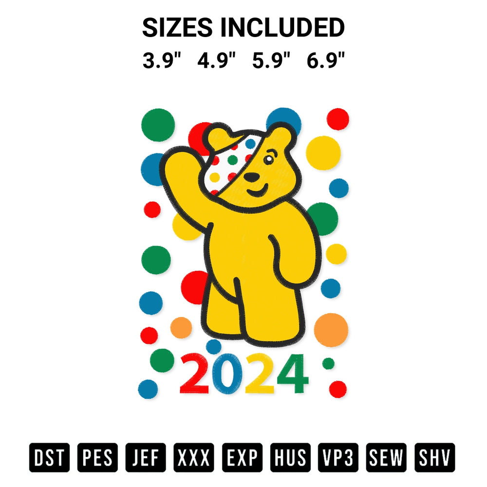 Download the Children In Need 2024 Embroidery Design machine embroidery design exclusively at Designspacks.com. Premium digitized pattern for apparel and DIY crafts. Available sizes: 3.9", 4.9", 5.9", 6.9".