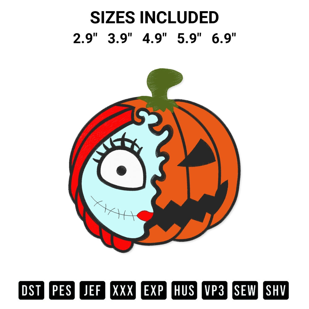 Discover the perfect addition to your crafting collection: Pumpkin Sally Halloween Embroidery Design embroidery file. Instantly available at Designspacks.com. Available sizes: 2.9", 3.9", 4.9", 5.9", 6.9".