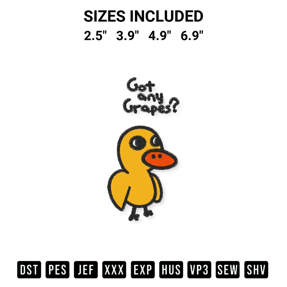 Create amazing crafts with the Got Any Grapes Duck Embroidery Design embroidery file. High-quality digital download from Designspacks.com, perfect for beginners and pros. Available sizes: 2.5", 3.9", 4.9", 6.9".