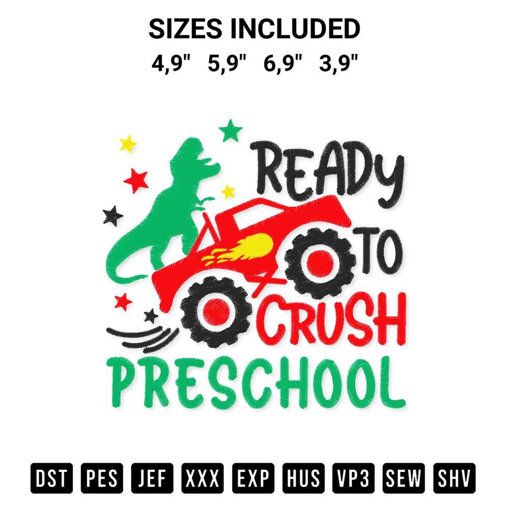Get the Ready To Crush Preschool Funny Dinosaur T Rex On Monster Truck Teacher Logo Embroidery Design embroidery design for your custom crafts! Premium digitized files available for instant download at Designspacks.com. Available sizes: 4,9", 5,9", 6,9", 3,9".