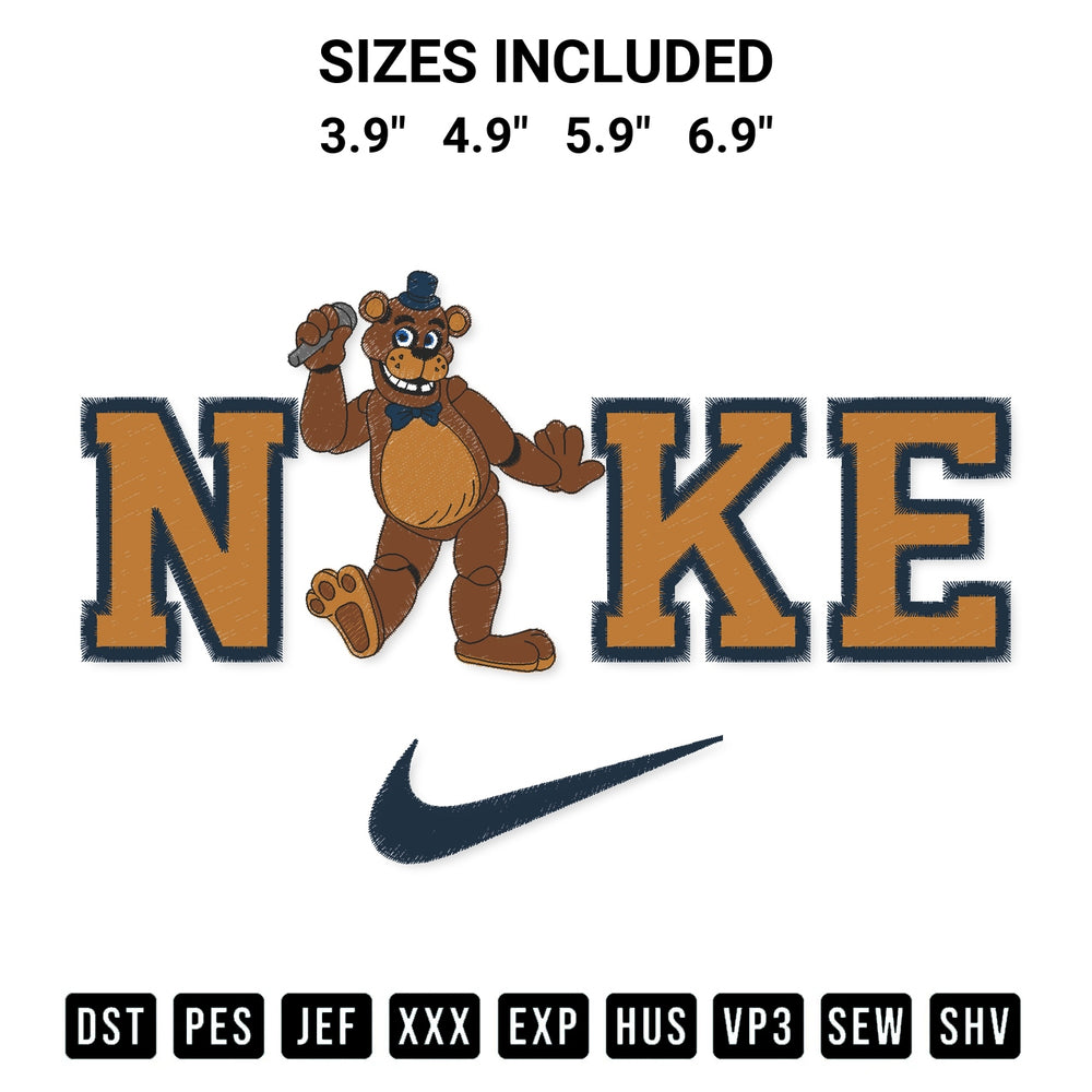 Shop the Nike Five Nights Golden Freddy Embroidery Design machine embroidery pattern at Designspacks.com. Beautifully digitized for flawless stitching on any fabric. Available sizes: 3.9", 4.9", 5.9", 6.9".