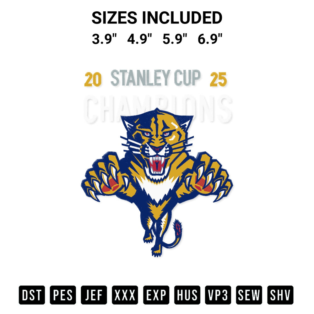 Download the Stanley Cup Champions Florida Panthers 2025 Embroidery Design machine embroidery design exclusively at Designspacks.com. Premium digitized pattern for apparel and DIY crafts. Available sizes: 3.9", 4.9", 5.9", 6.9".