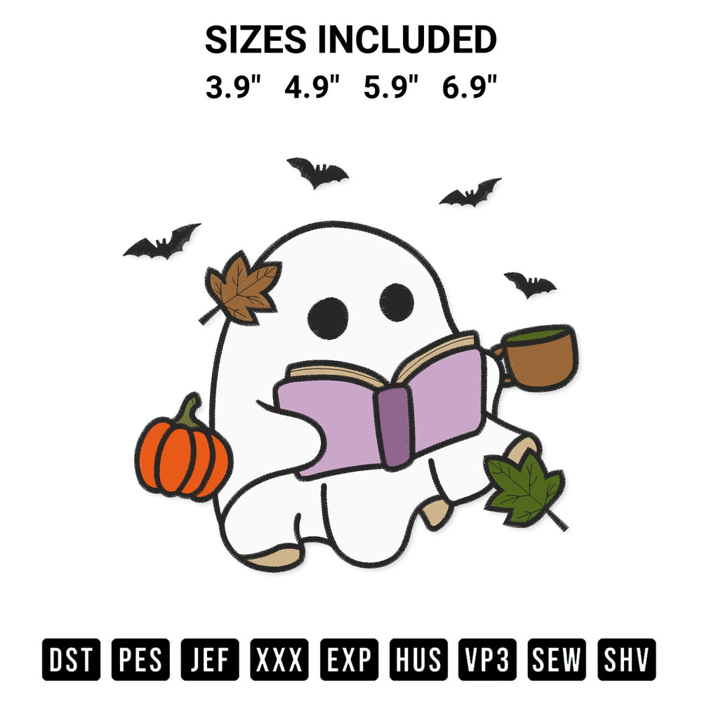 Discover the perfect addition to your crafting collection: Halloween Autumn Ghost Reading Book Embroidery Design embroidery file. Instantly available at Designspacks.com. Available sizes: 3.9", 4.9", 5.9", 6.9".