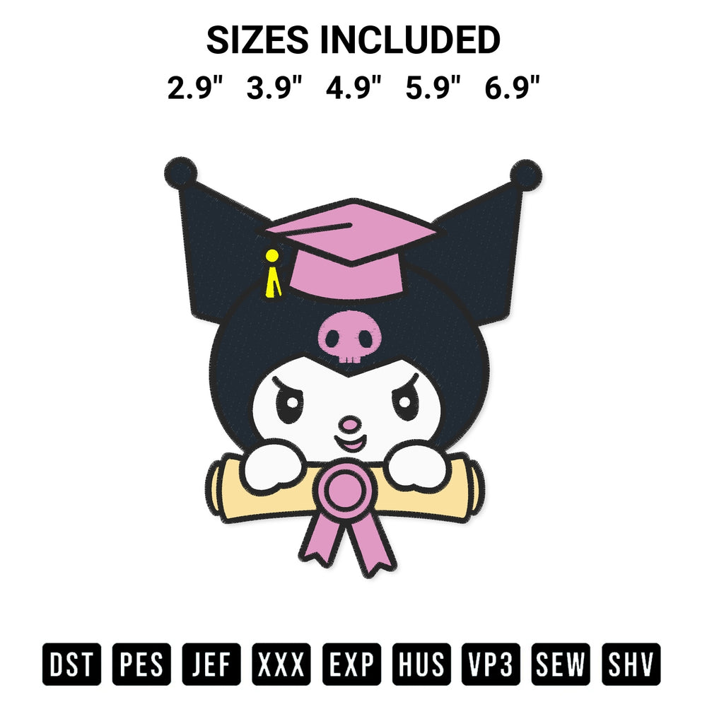 Add a unique touch to your apparel with the Sanrio Kuromi Graduation Embroidery Design embroidery file. Premium instant download available now on Designspacks.com. Available sizes: 2.9", 3.9", 4.9", 5.9", 6.9".