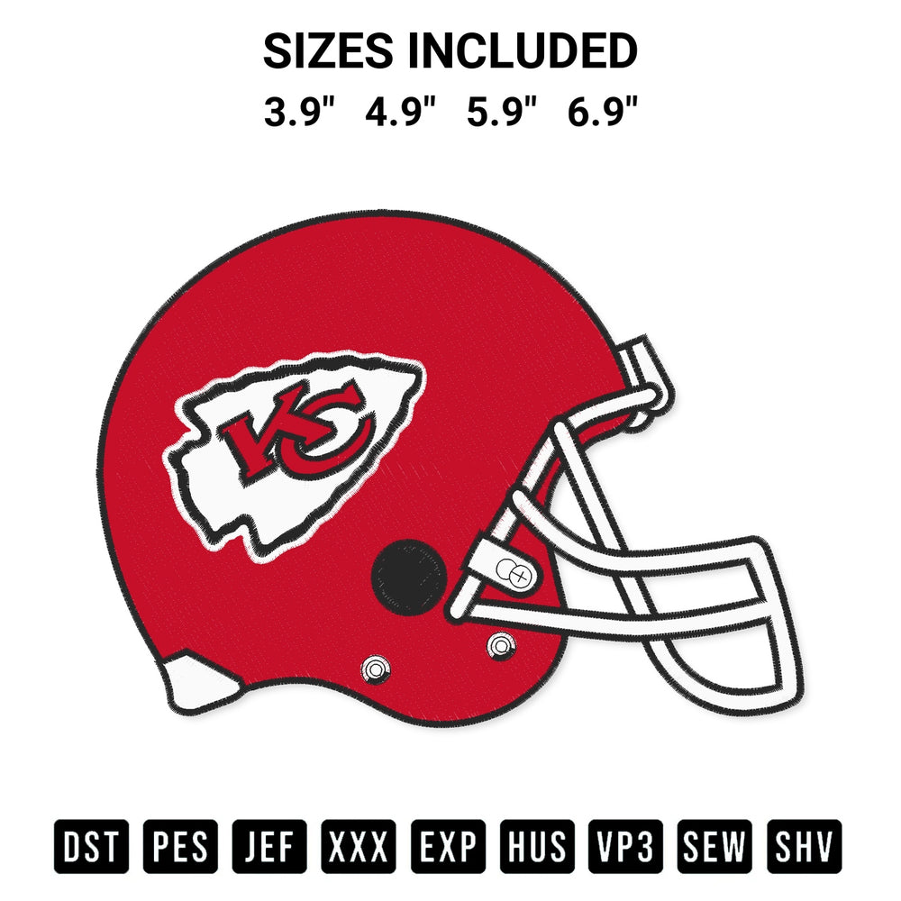 Transform your fabrics with the Kansas City Chiefs Helmet Embroidery Design embroidery design. Instant access to premium digitized patterns at Designspacks.com. Available sizes: 3.9", 4.9", 5.9", 6.9".
