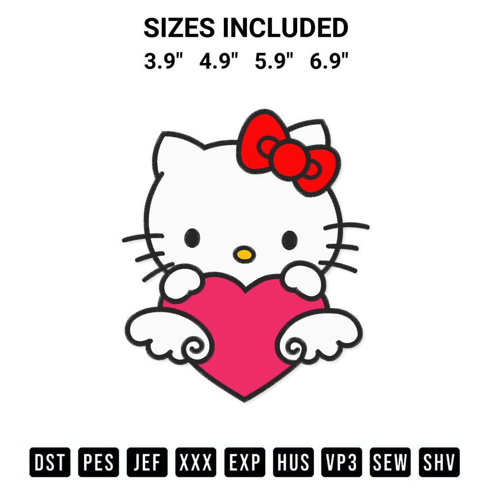 Elevate your next project with our Hello Kitty Holding Angel Heart Embroidery Design embroidery file. Shop high-quality digital patterns instantly at Designspacks.com. Available sizes: 3.9", 4.9", 5.9", 6.9".