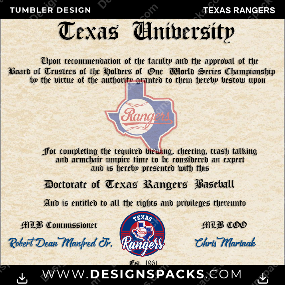 Diseño digital de envoltura para termo de béisbol "Diploma Texas Rangers"