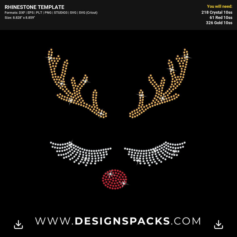 Cute Reindeer Face Christmas Rhinestone Digital Template