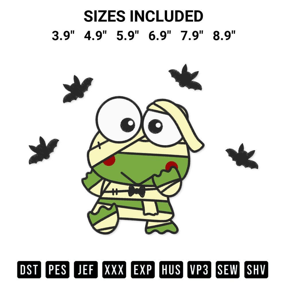 Download the Keroppi Mummy Embroidery Design machine embroidery design exclusively at Designspacks.com. Premium digitized pattern for apparel and DIY crafts. Available sizes: 3.9", 4.9", 5.9", 6.9", 7.9", 8.9".