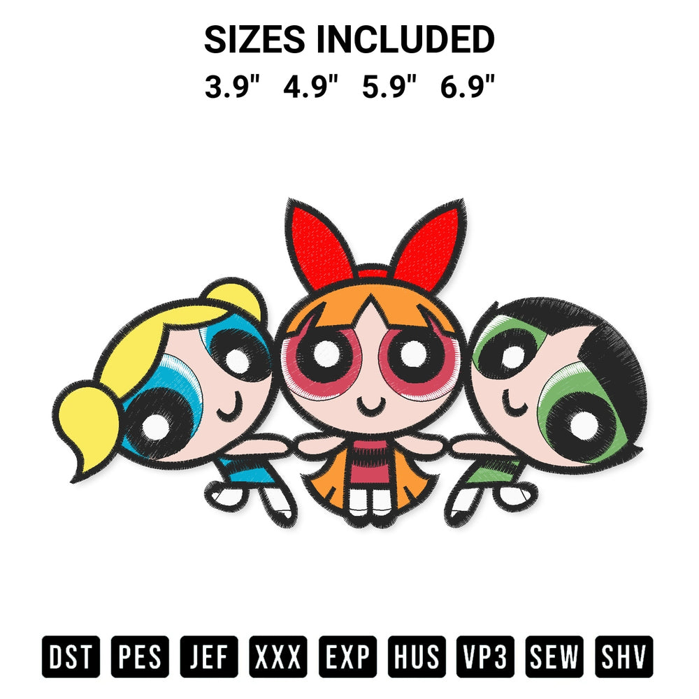 Download the The Powerpuff Girls Embroidery Design machine embroidery design exclusively at Designspacks.com. Premium digitized pattern for apparel and DIY crafts. Available sizes: 3.9", 4.9", 5.9", 6.9".