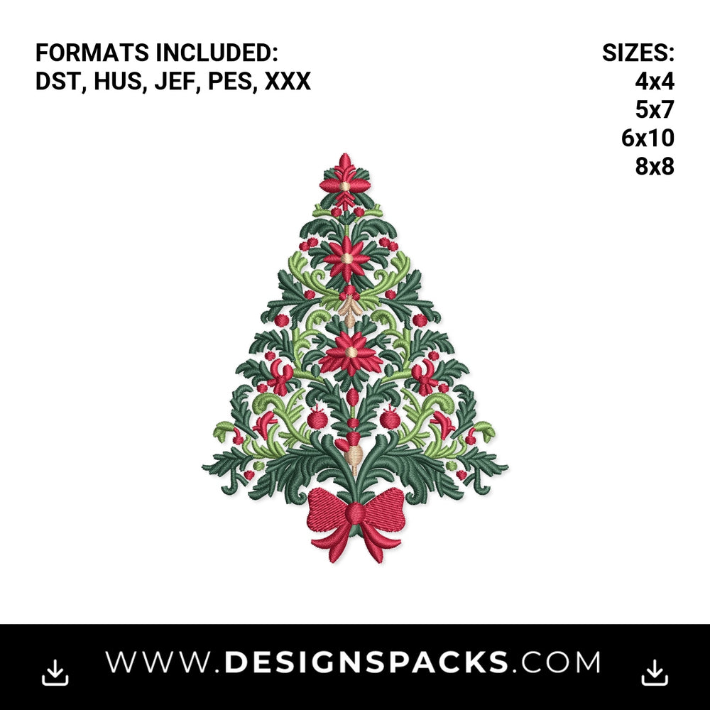 Ornate Floral Christmas Tree with Bow Embroidery Design - Instant digital download pattern at Designspacks.com