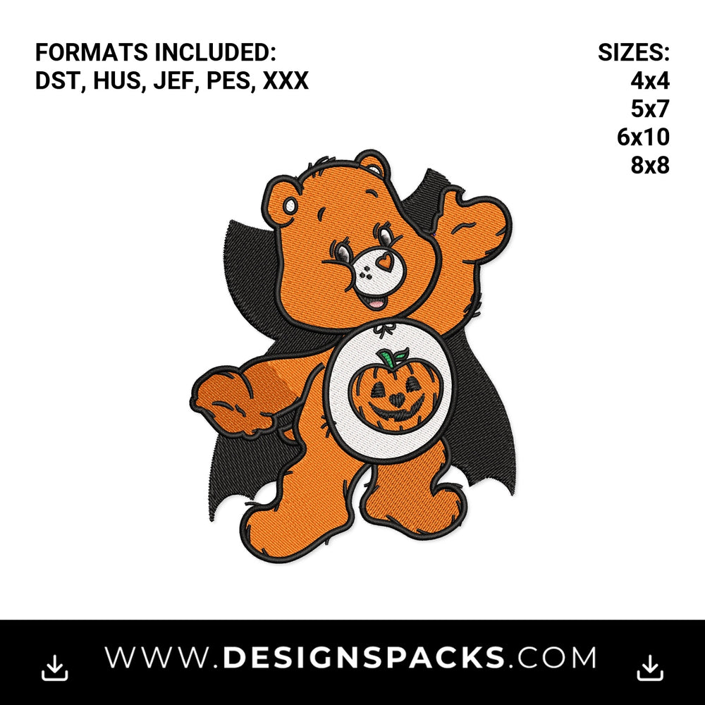 Halloween Vampire Bear with Pumpkin Embroidery Design - Instant digital download pattern at Designspacks.com