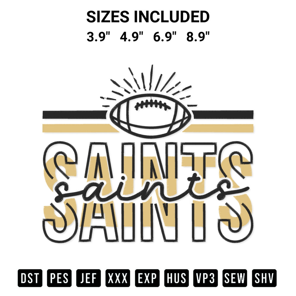 Add a unique touch to your apparel with the Saints Football Nfl Embroidery Design embroidery file. Premium instant download available now on Designspacks.com. Available sizes: 3.9", 4.9", 6.9", 8.9".
