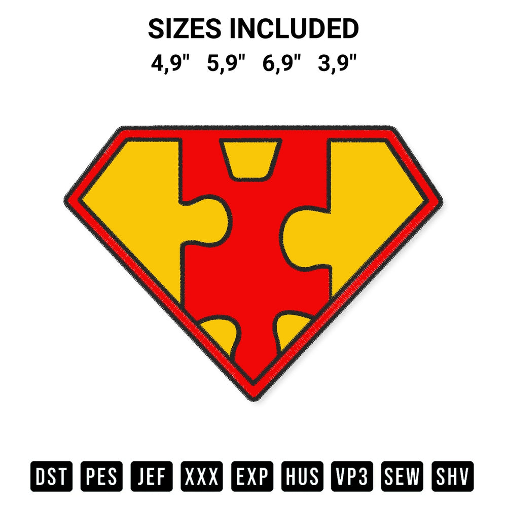 Add a unique touch to your apparel with the Superman Logo Autism Puzzle Autism Superhero Autism Awareness Embroidery Design embroidery file. Premium instant download available now on Designspacks.com. Available sizes: 4,9", 5,9", 6,9", 3,9".