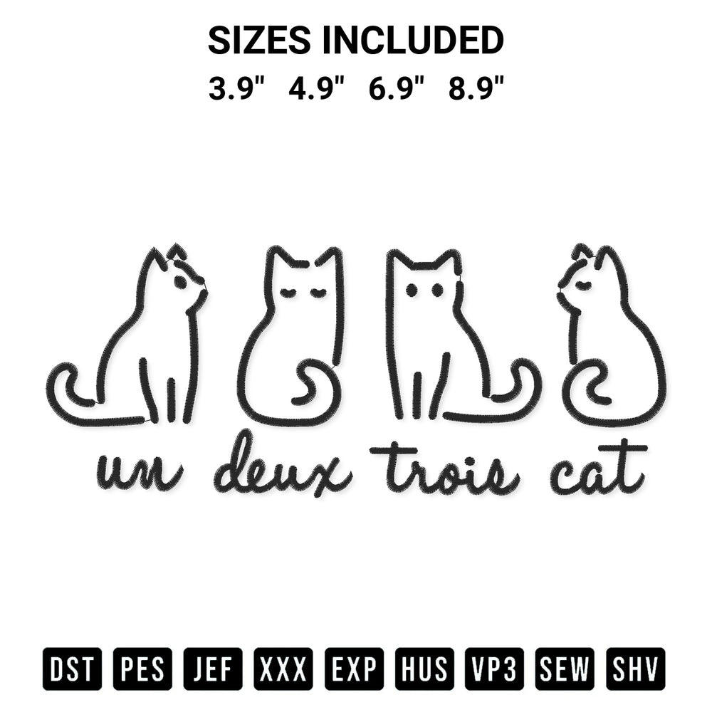 Transform your fabrics with the Un Deux Trois Cat Embroidery Design embroidery design. Instant access to premium digitized patterns at Designspacks.com. Available sizes: 3.9", 4.9", 6.9", 8.9".