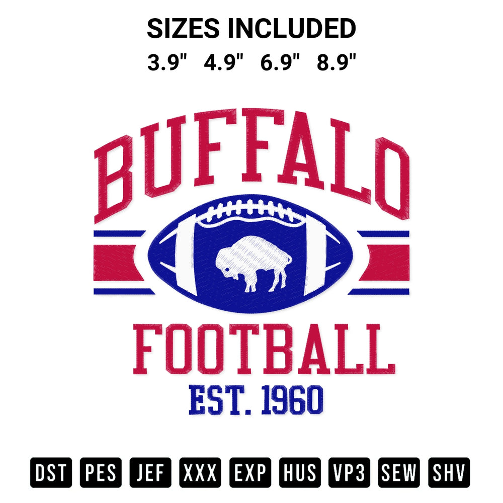 Elevate your next project with our Vintage Buffalo Football Est 1960 Embroidery Design embroidery file. Shop high-quality digital patterns instantly at Designspacks.com. Available sizes: 3.9", 4.9", 6.9", 8.9".