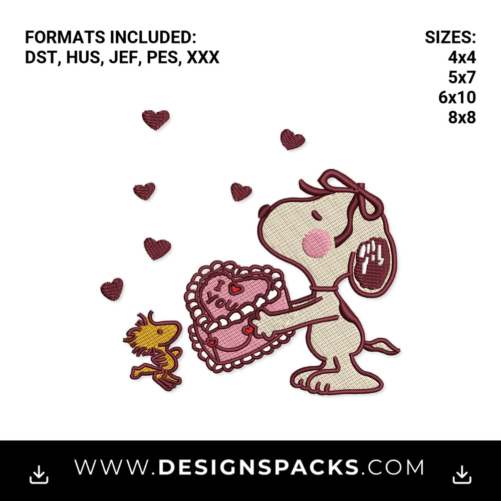 Valentine Dog Giving Heart Box to Bird Embroidery Design - Instant digital download pattern at Designspacks.com