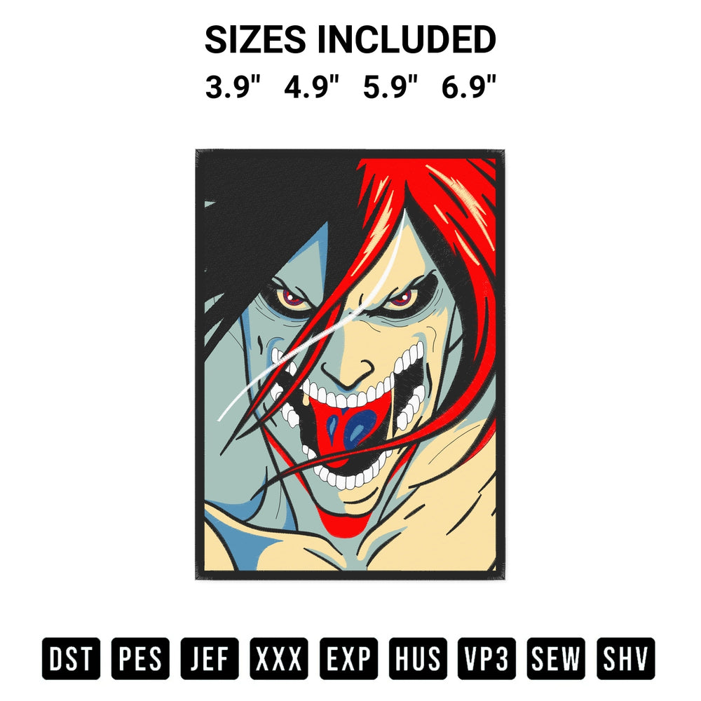 Elevate your next project with our Attack On Titan Embroidery Design embroidery file. Shop high-quality digital patterns instantly at Designspacks.com. Available sizes: 3.9", 4.9", 5.9", 6.9".