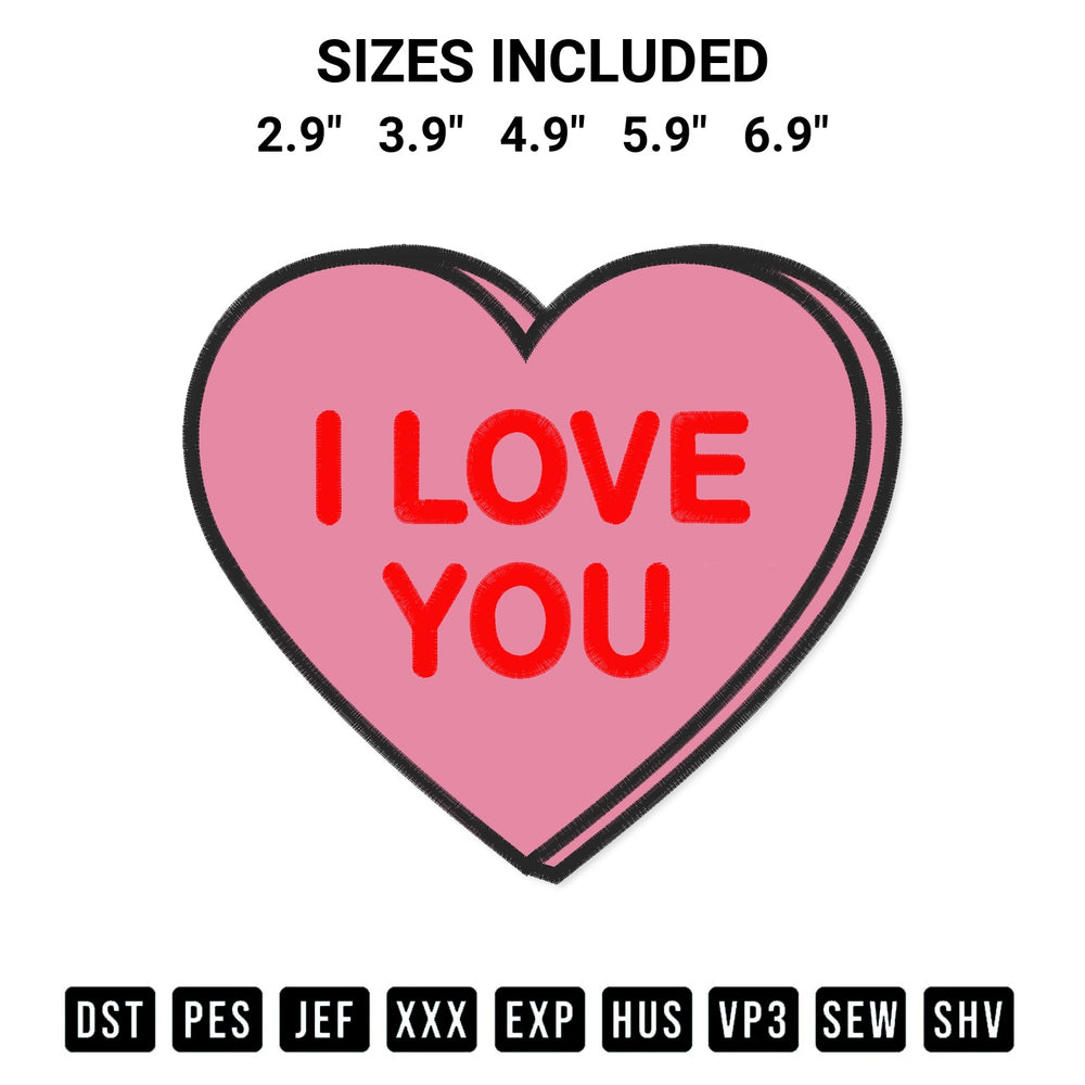 Discover the perfect addition to your crafting collection: Candy Heart I Love You Embroidery Design embroidery file. Instantly available at Designspacks.com. Available sizes: 2.9", 3.9", 4.9", 5.9", 6.9".