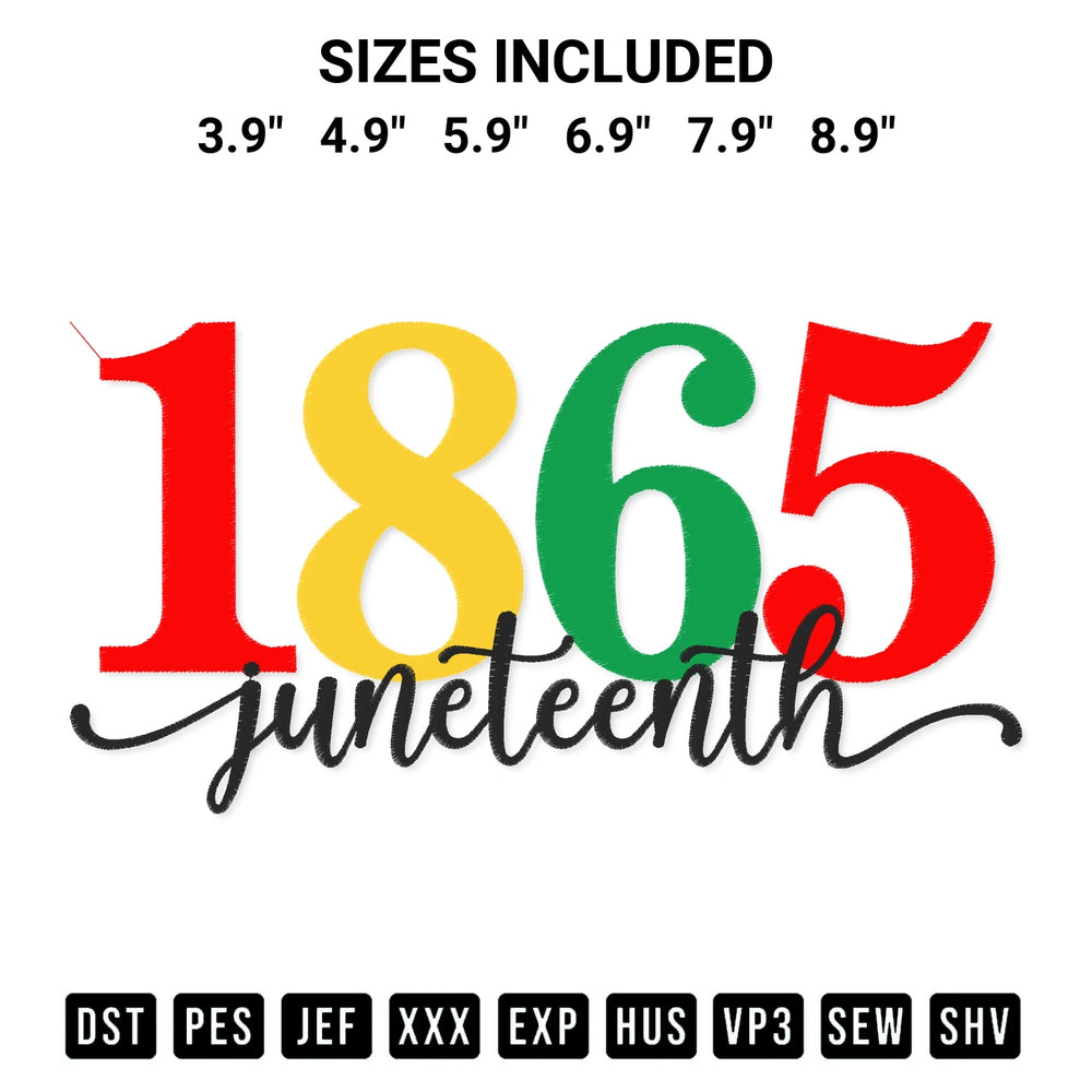 Download the 1865 Juneteenth Embroidery Design machine embroidery design exclusively at Designspacks.com. Premium digitized pattern for apparel and DIY crafts. Available sizes: 3.9", 4.9", 5.9", 6.9", 7.9", 8.9".