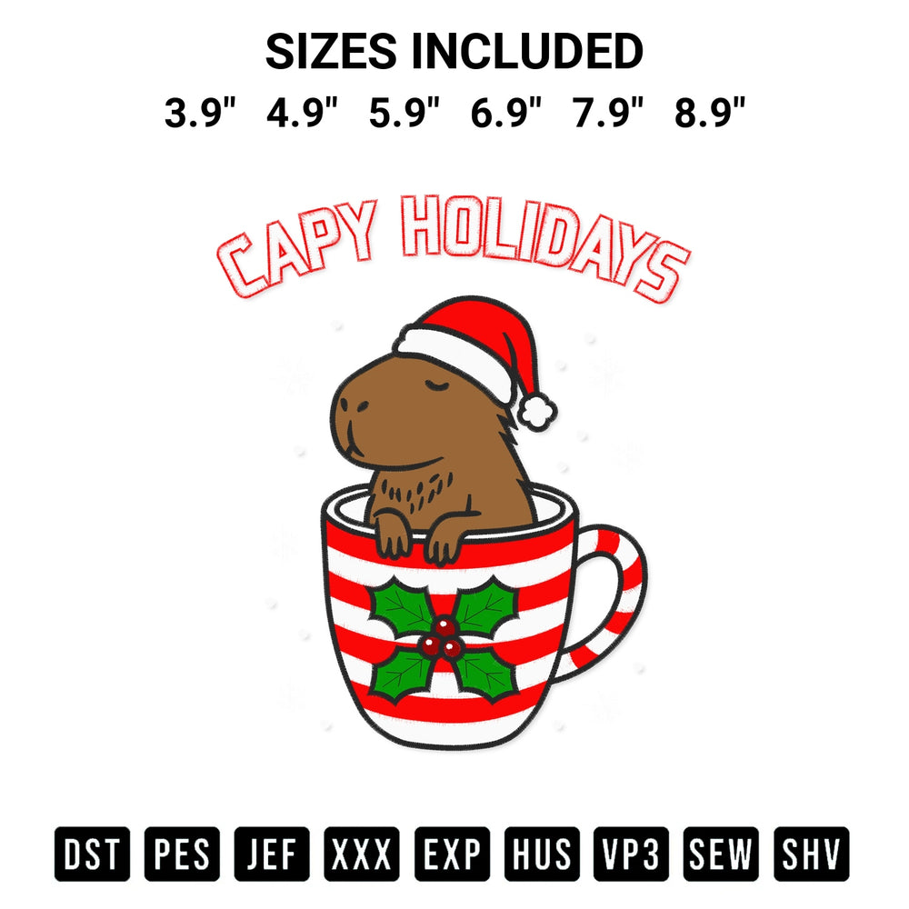 Discover the perfect addition to your crafting collection: Capy Holidays Christmas Embroidery Design embroidery file. Instantly available at Designspacks.com. Available sizes: 3.9", 4.9", 5.9", 6.9", 7.9", 8.9".