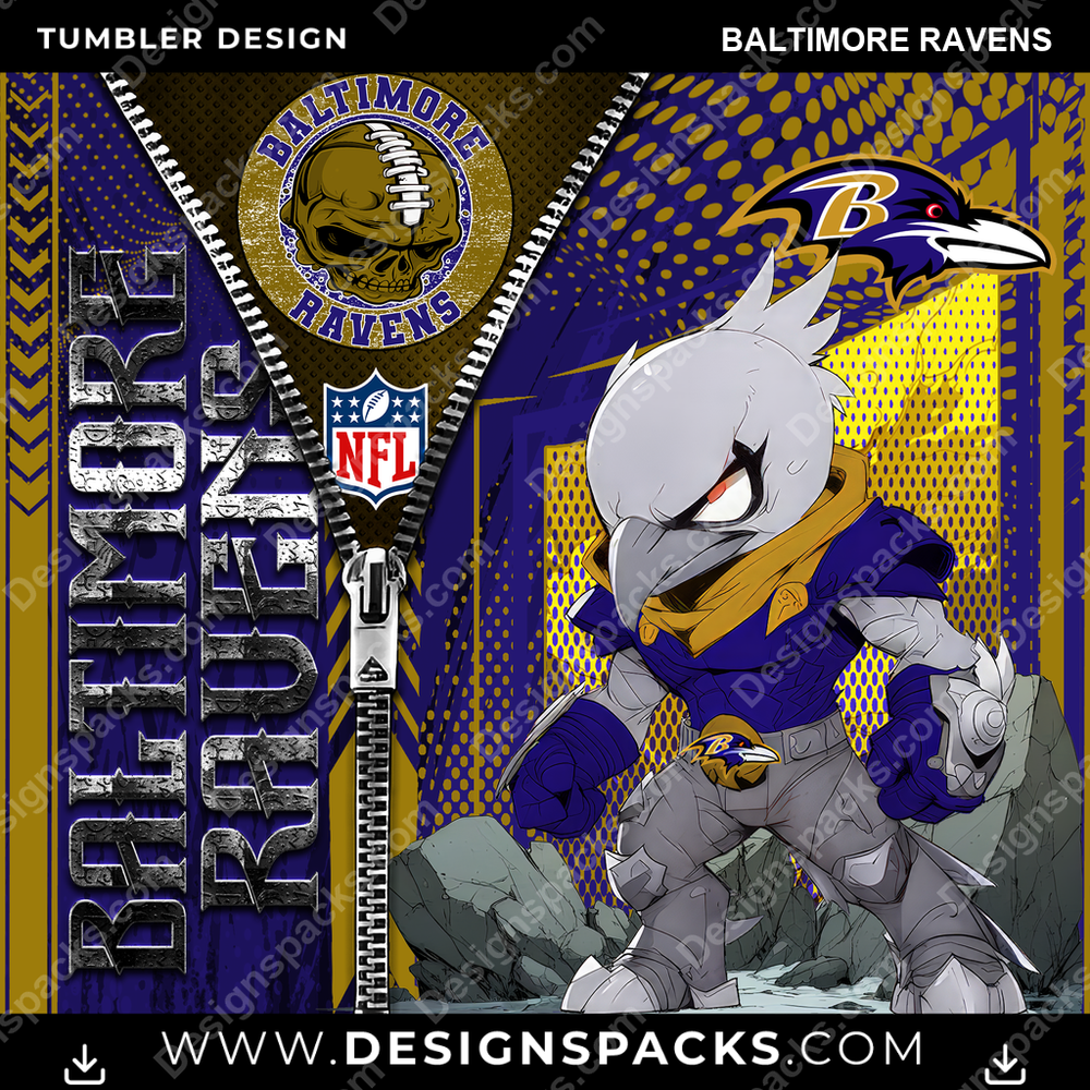 Football Zipper Mascot Baltimore Ravens NFL Football Tumbler Digital Wrap Design Download