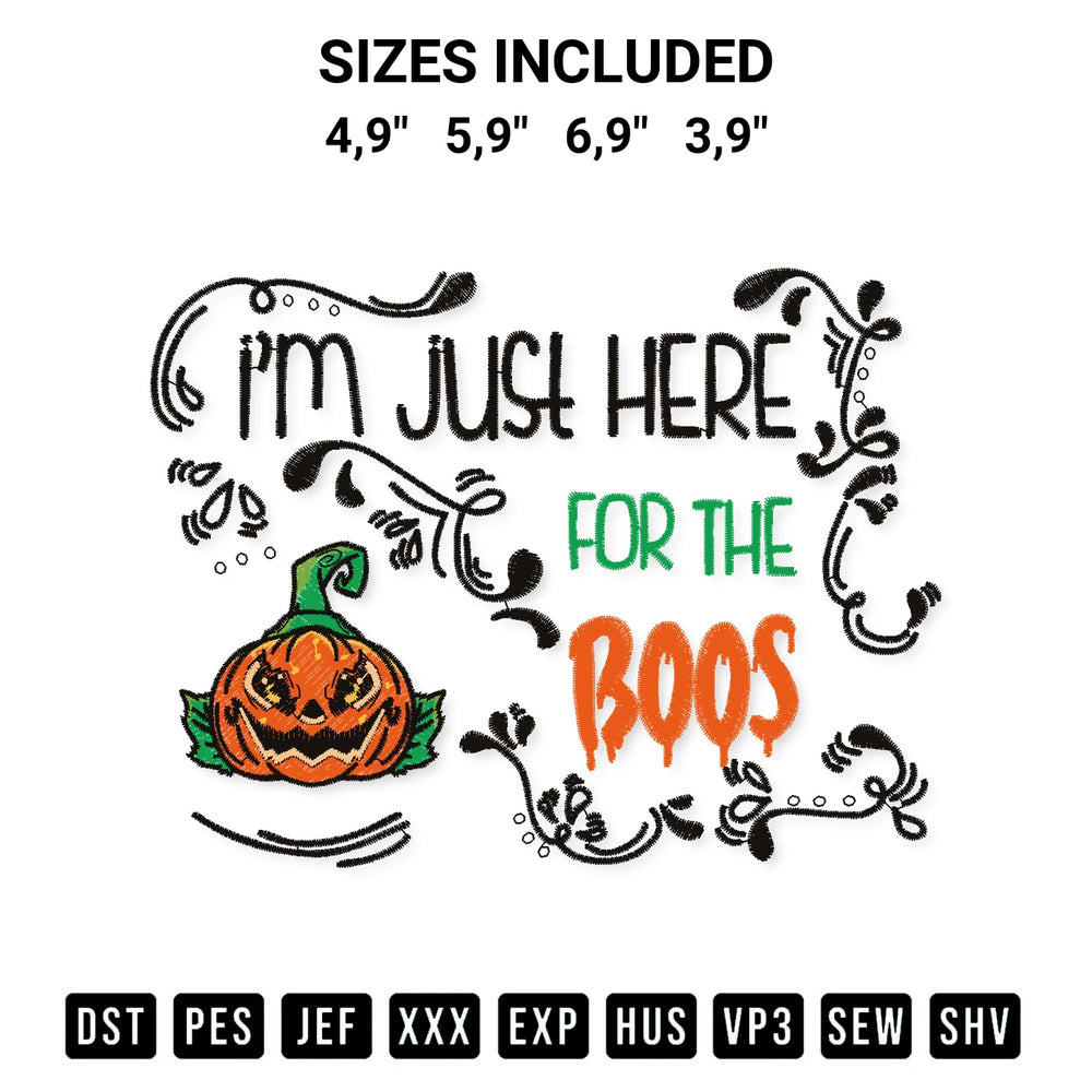 Looking for the perfect pattern? Download the Im Just Here For The Boos Pumpkin Halloween Costume Logo Embroidery Design embroidery design today at Designspacks.com. Crisp, clean stitching guaranteed. Available sizes: 4,9", 5,9", 6,9", 3,9".