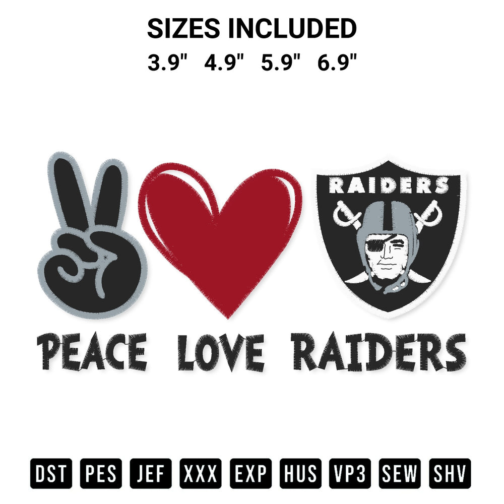 Elevate your next project with our Peace Love Las Vegas Raiders Embroidery Design embroidery file. Shop high-quality digital patterns instantly at Designspacks.com. Available sizes: 3.9", 4.9", 5.9", 6.9".