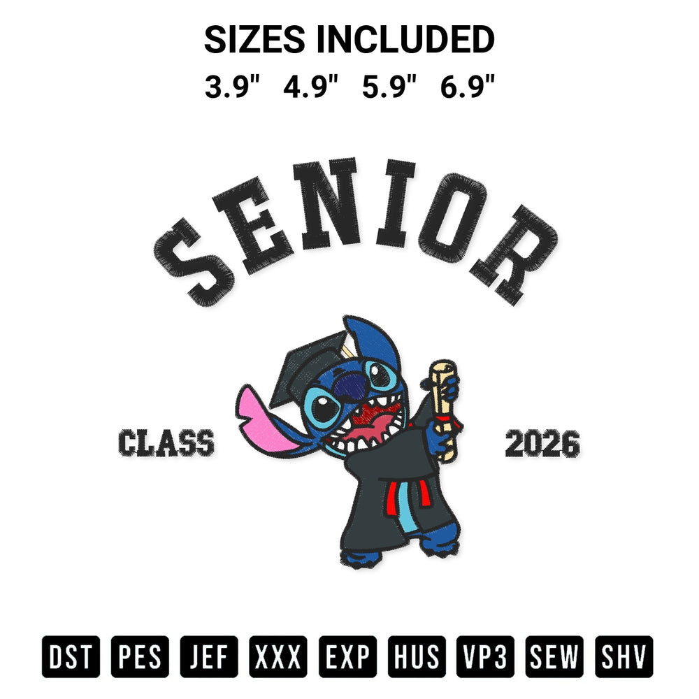 Download the Stitch Senior Class 2026 Embroidery Design machine embroidery design exclusively at Designspacks.com. Premium digitized pattern for apparel and DIY crafts. Available sizes: 3.9", 4.9", 5.9", 6.9".