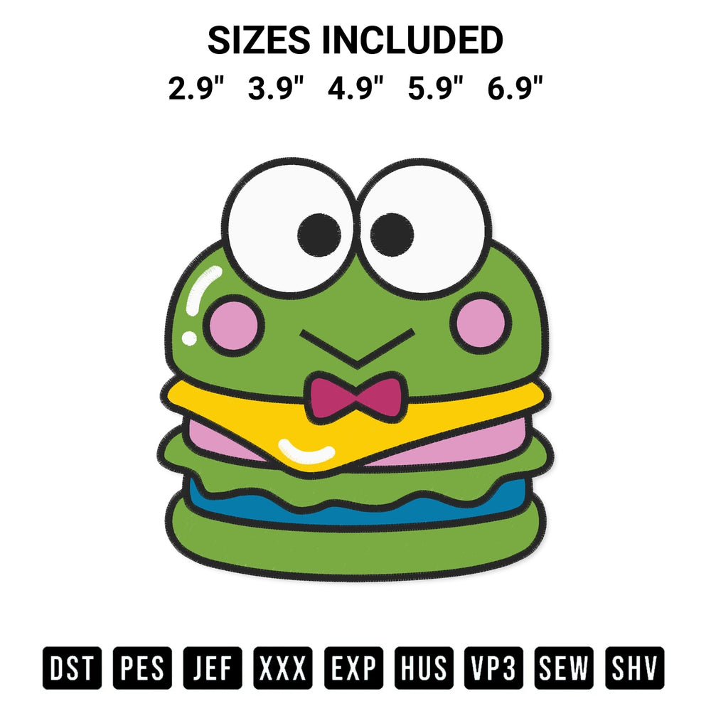 Create amazing crafts with the Keroppi Burger Embroidery Design embroidery file. High-quality digital download from Designspacks.com, perfect for beginners and pros. Available sizes: 2.9", 3.9", 4.9", 5.9", 6.9".