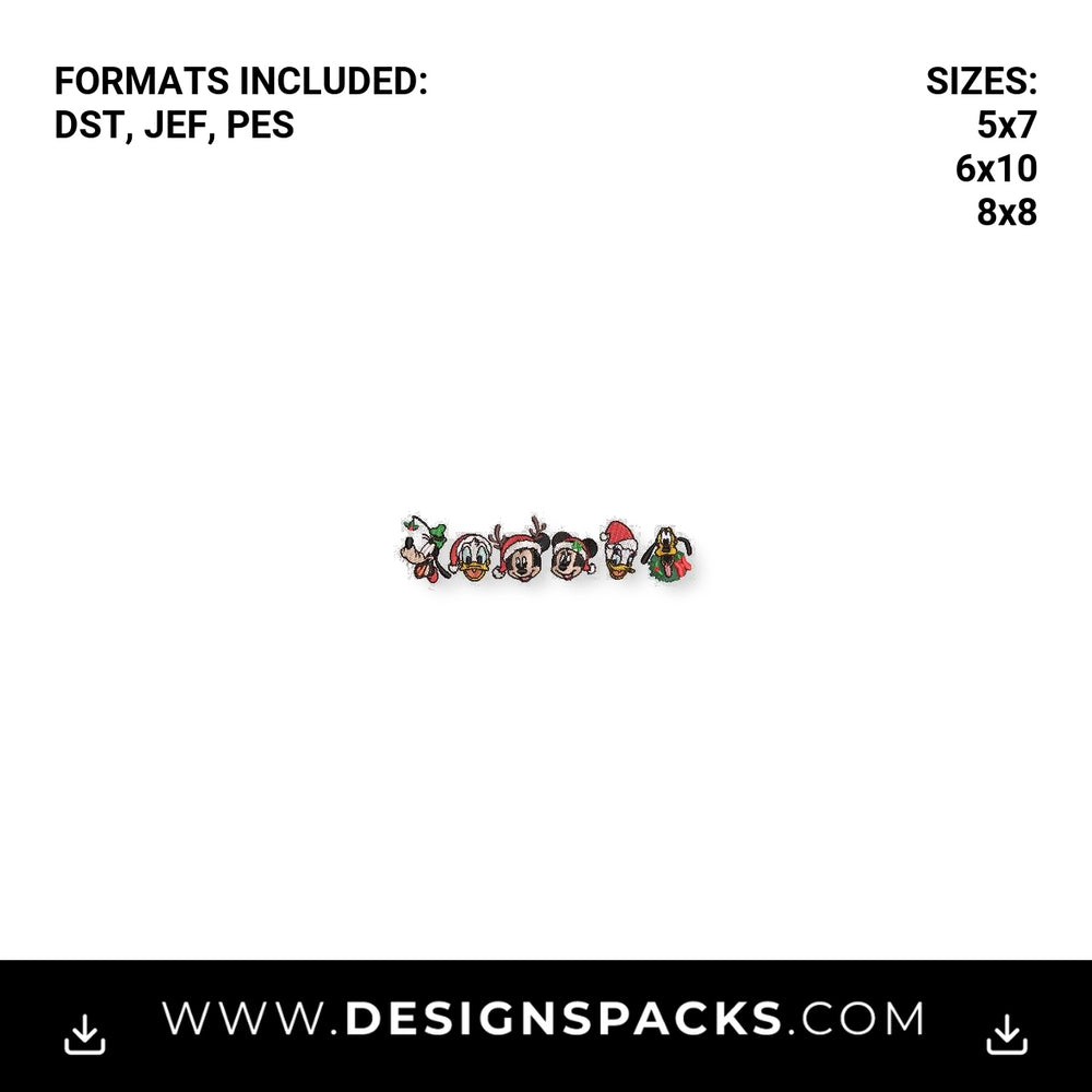 Mickey & Friends Christmas Character Lineup Embroidery Design - Instant digital download pattern at Designspacks.com