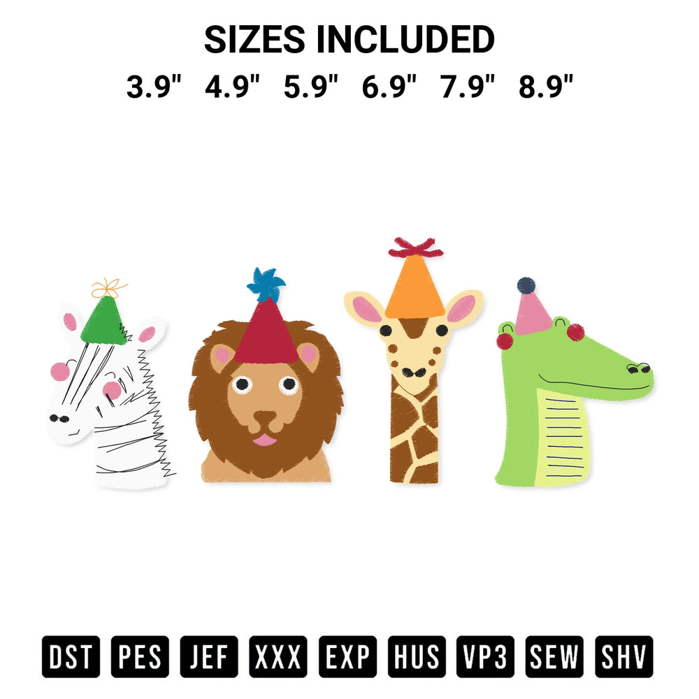 Elevate your next project with our Animal Birthday Merriment Embroidery Design embroidery file. Shop high-quality digital patterns instantly at Designspacks.com. Available sizes: 3.9", 4.9", 5.9", 6.9", 7.9", 8.9".