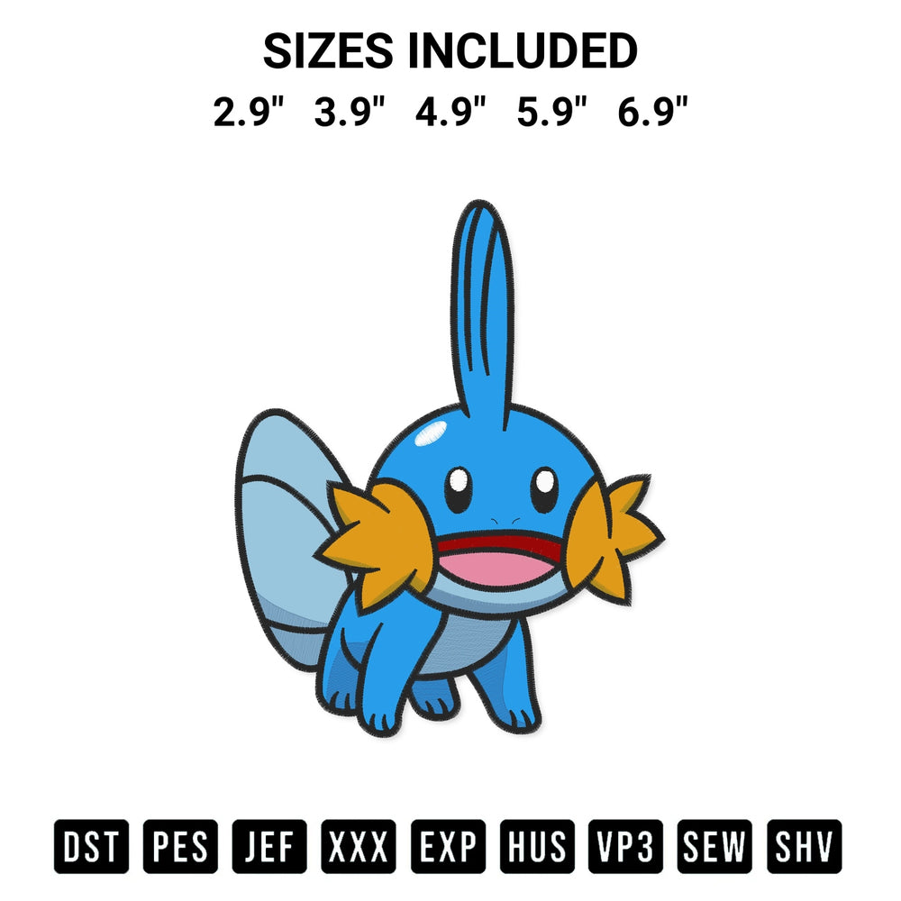 Download the Mudkip Pokemon Embroidery Design machine embroidery design exclusively at Designspacks.com. Premium digitized pattern for apparel and DIY crafts. Available sizes: 2.9", 3.9", 4.9", 5.9", 6.9".