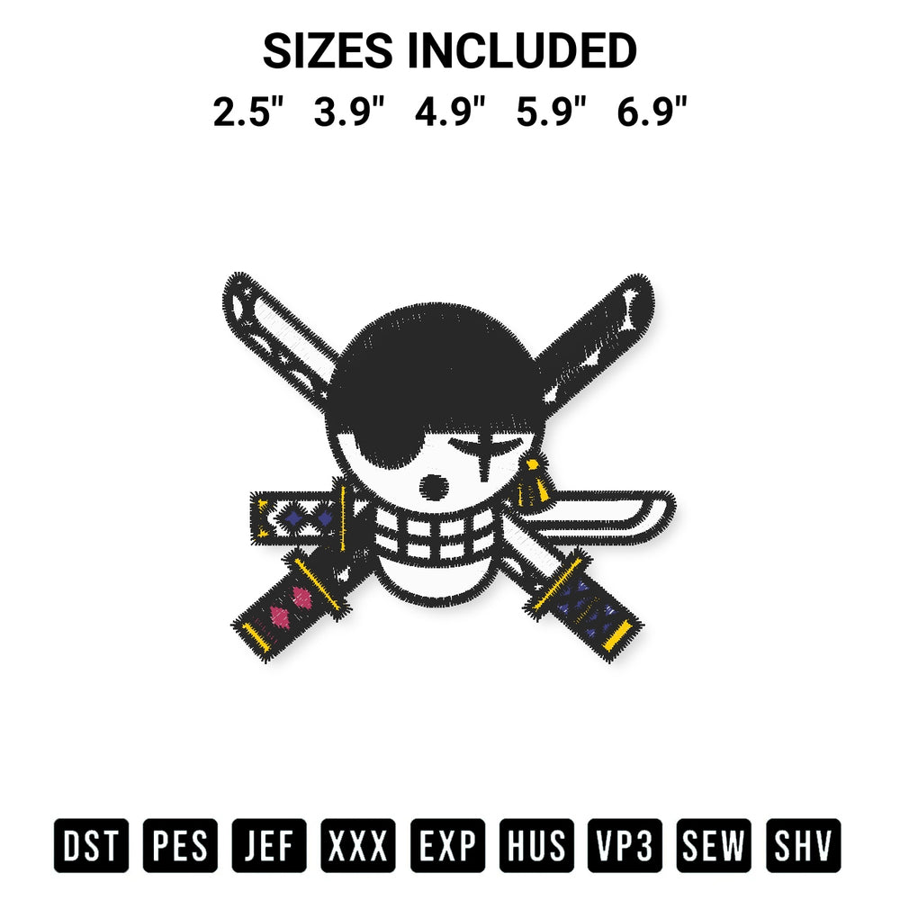 Elevate your next project with our Zoro Jolly Roger Embroidery Design embroidery file. Shop high-quality digital patterns instantly at Designspacks.com. Available sizes: 2.5", 3.9", 4.9", 5.9", 6.9".