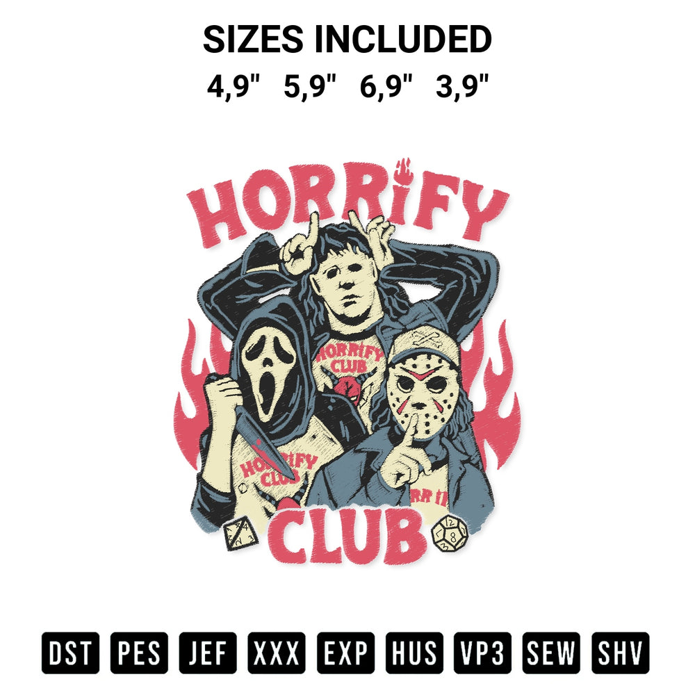 Download the Horrify Club Halloween Stranger Things Horror Movie Characters Logo Embroidery Design machine embroidery design exclusively at Designspacks.com. Premium digitized pattern for apparel and DIY crafts. Available sizes: 4,9", 5,9", 6,9", 3,9".
