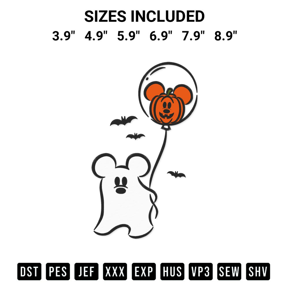 Discover the perfect addition to your crafting collection: Mickey Ghost With Balloon Halloween Embroidery Design embroidery file. Instantly available at Designspacks.com. Available sizes: 3.9", 4.9", 5.9", 6.9", 7.9", 8.9".