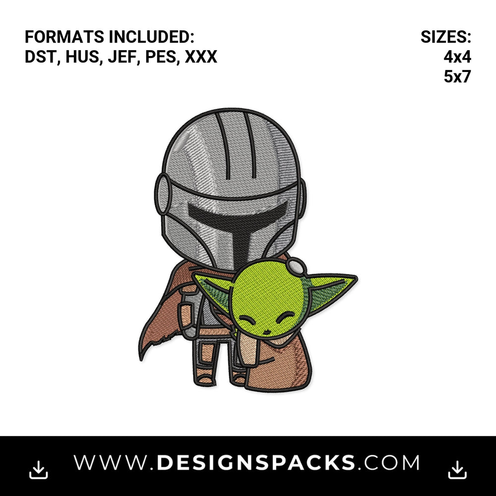 Chibi Mandalorian and Baby Yoda Embroidery Design - Instant digital download pattern at Designspacks.com