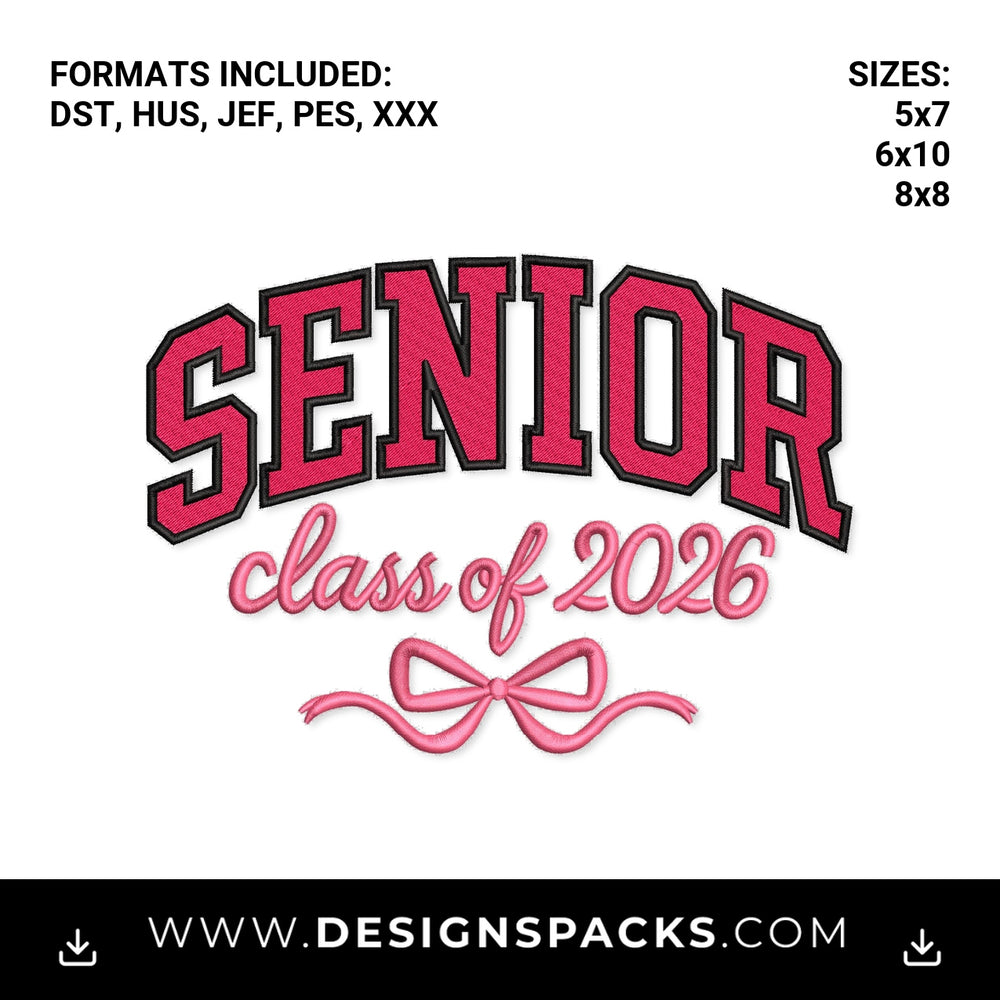 Senior Class of 2026 Pink Bow Embroidery Design - Instant digital download pattern at Designspacks.com