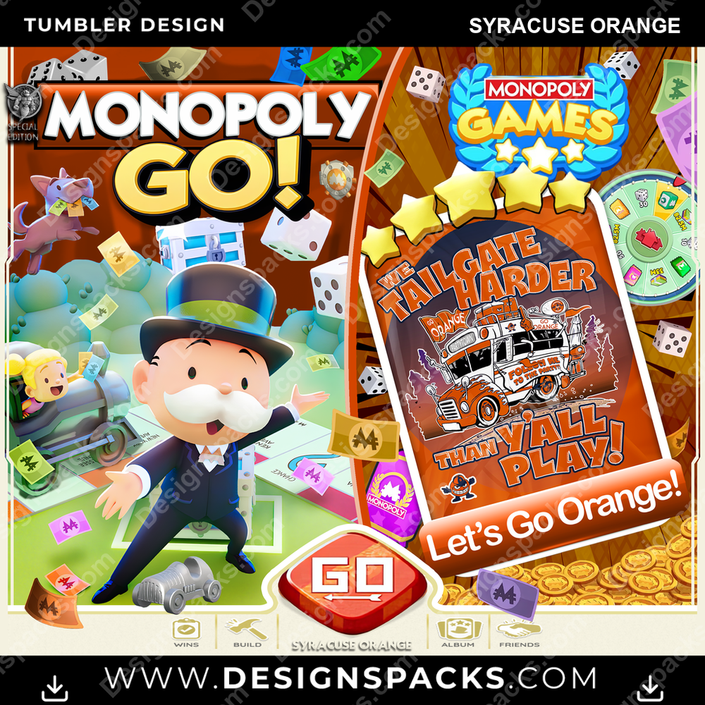 College Sport Monopoly Go! Syracuse Orange Tumbler Digital Wrap Design