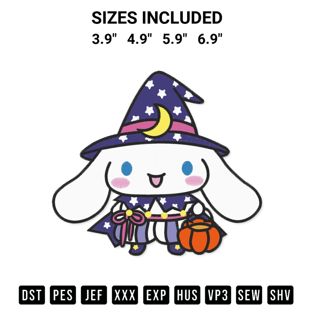 Elevate your next project with our Cinnamoroll Witch Halloween Embroidery Design embroidery file. Shop high-quality digital patterns instantly at Designspacks.com. Available sizes: 3.9", 4.9", 5.9", 6.9".
