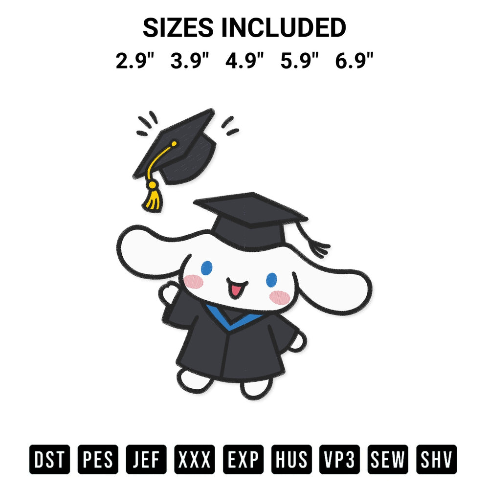 Shop the Cinnamoroll Graduation Cap Embroidery Design machine embroidery pattern at Designspacks.com. Beautifully digitized for flawless stitching on any fabric. Available sizes: 2.9", 3.9", 4.9", 5.9", 6.9".