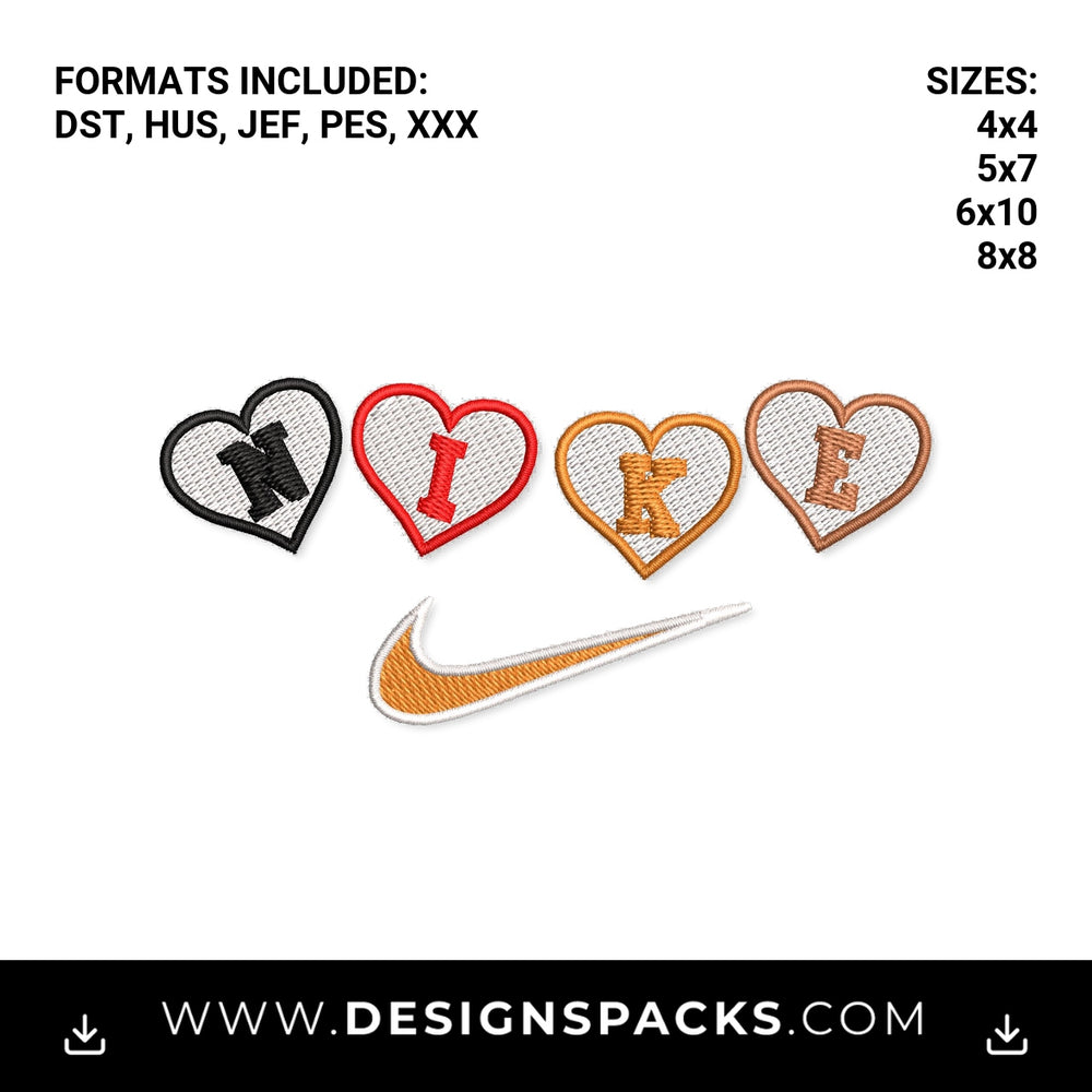 Nike Heart Letters with Swoosh Pattern Embroidery Design - Instant digital download pattern at Designspacks.com