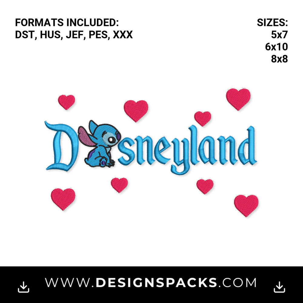 Stitch Disneyland with Pink Hearts Embroidery Design - Instant digital download pattern at Designspacks.com