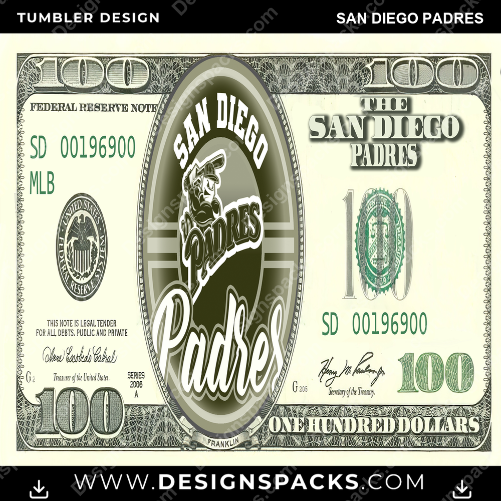 Vaso Envolvente Digital de Béisbol con Billete de Cien Dólares y Diseño de los Padres de San Diego